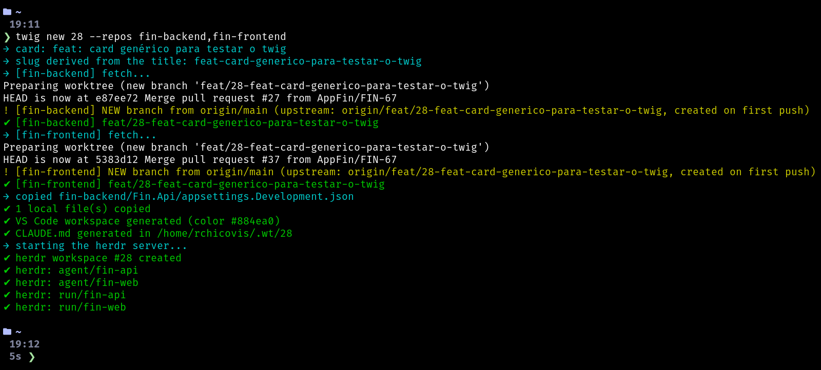 Terminal mostrando a saída do twig new: o título do card, um worktree e uma branch criados para cada repo e os workspaces gerados
