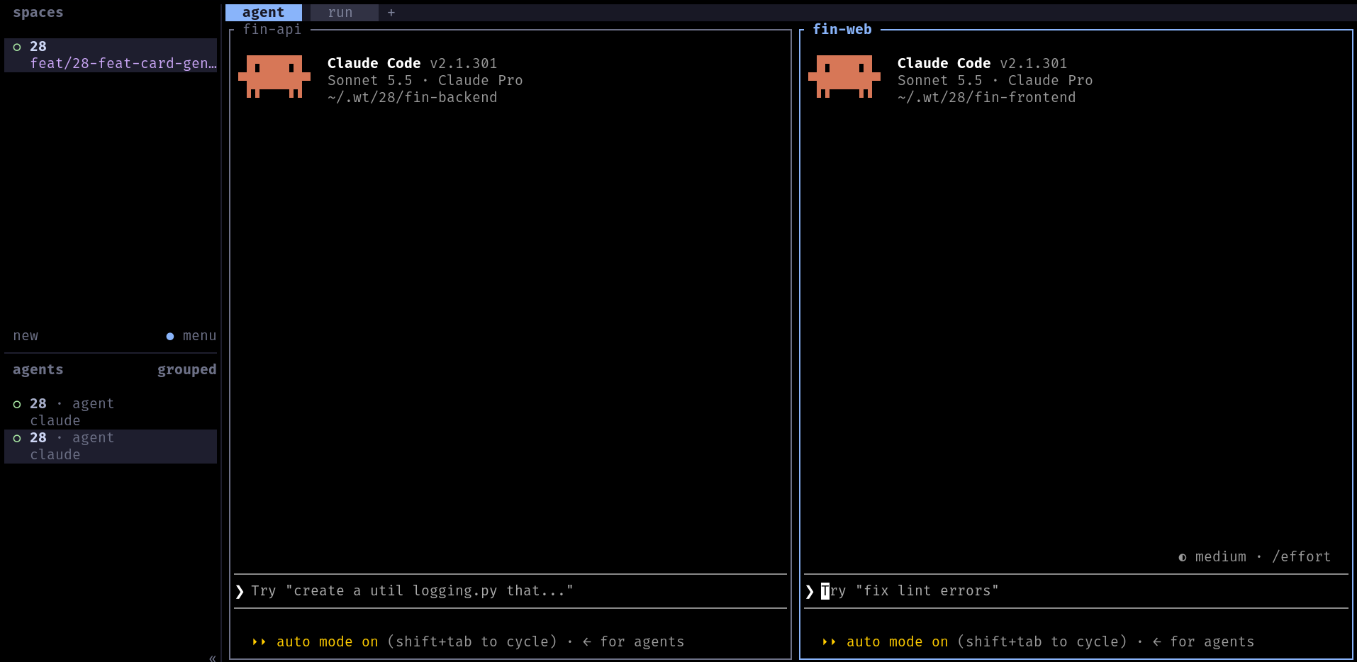 O workspace do herdr de um card, com a aba agent mostrando um painel por repositório, cada um rodando um agente de IA