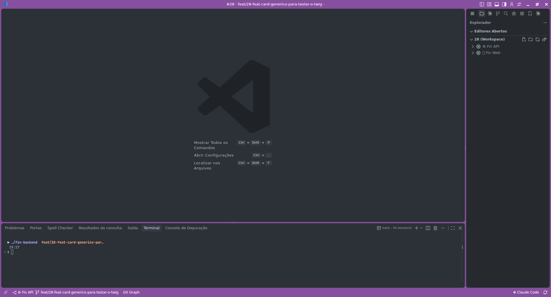 VS Code mostrando o workspace de um card, com a barra de título colorida e uma pasta por repositório no explorador