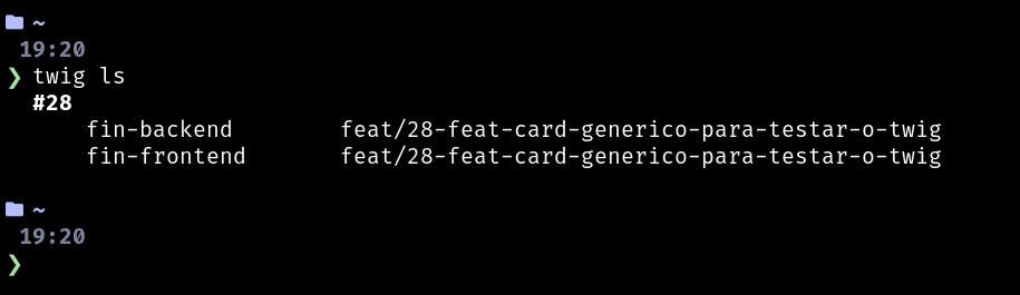 Terminal mostrando o twig ls, com os cards ativos, a branch de cada repositório e um asterisco nos que têm mudanças não commitadas