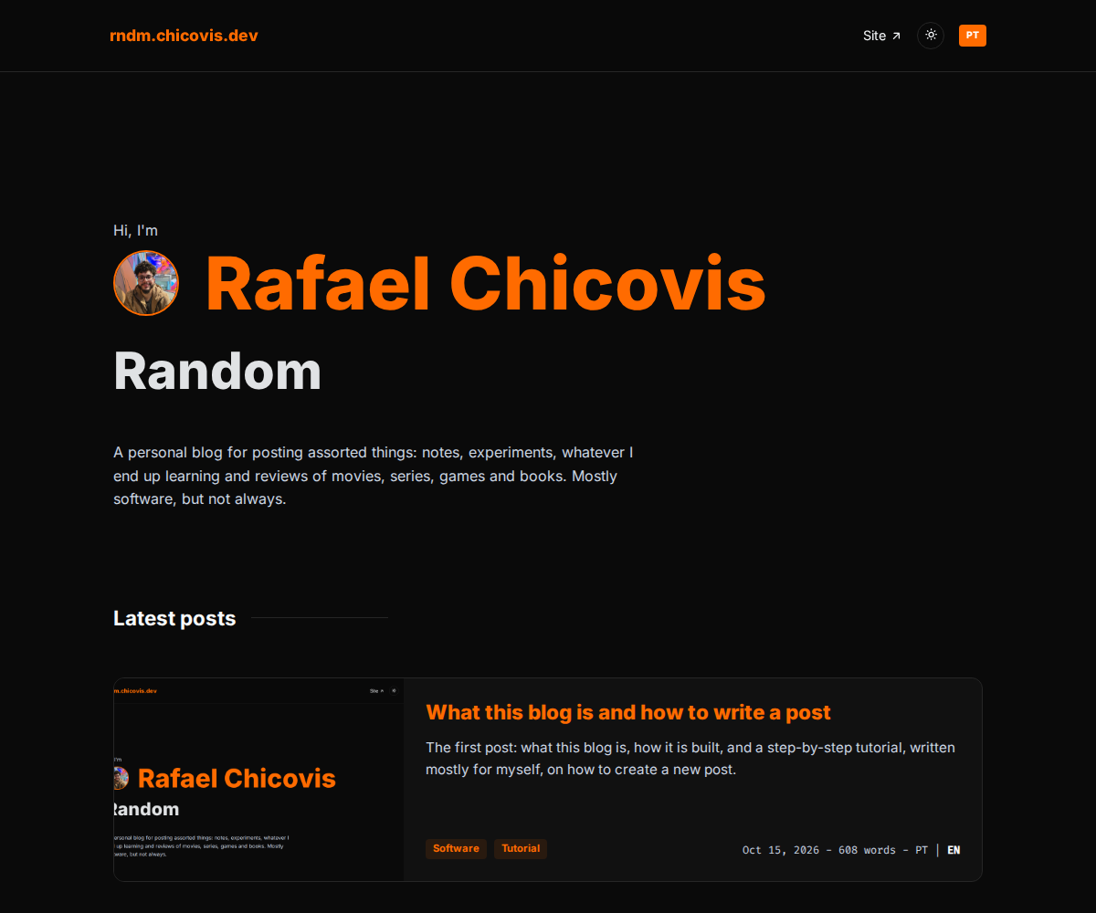 Home page of the blog in the dark theme, with the post list